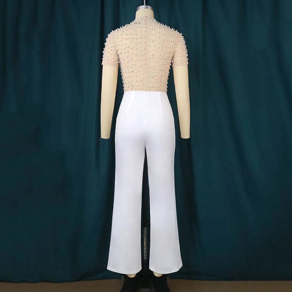 Women's Luxury Pearl Jumpsuit – O-Neck, Short Sleeves and High Waist