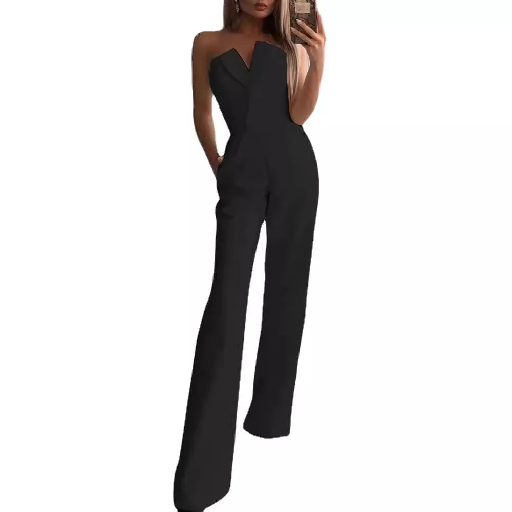 Women's Sleeveless Jumpsuit with Asymmetrical Neckline – Mid-Rise and Sophisticated Design 
