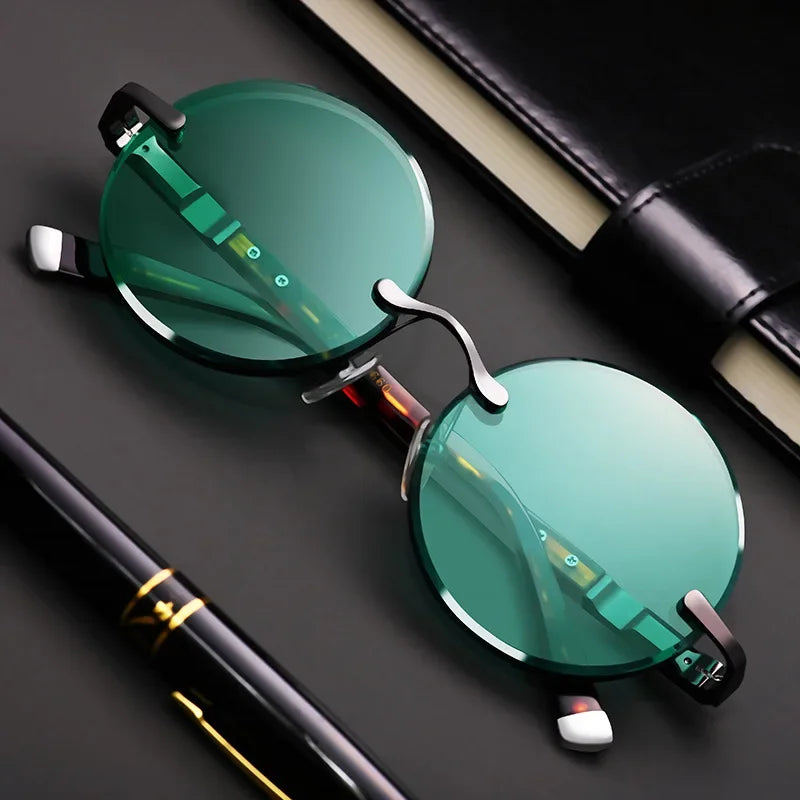 Rimless Sunglasses with Green Lenses – Unisex Retro Style