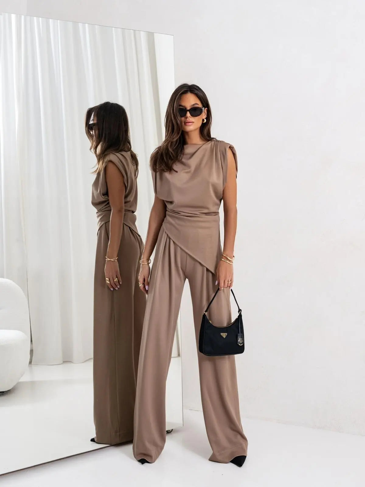 Women's Satin Set – Pleated Top with Slit and Wide Leg Pants