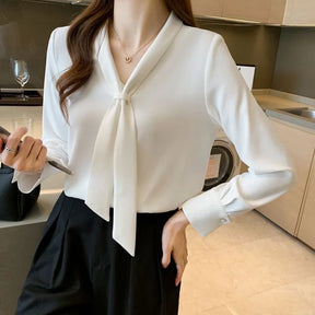 White T-shirt with Bow – Long Sleeve and Elegant Collar 