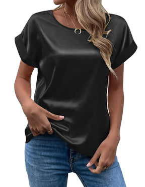 Camisa Feminina de Verão em Cetim – Elegante, Solta e com Gola Redonda | Manga Curta