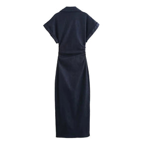 Women's Denim Midi Dress – Casual Elegance Spring/Summer 2025 with Short Ruched Sleeves 