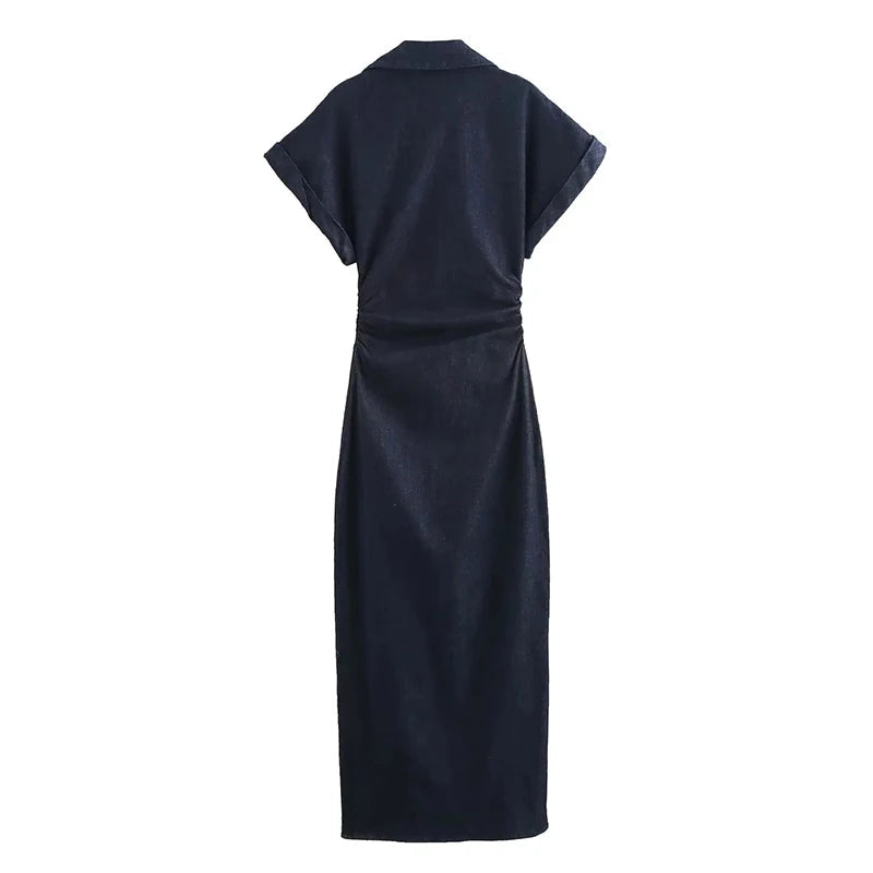 Women's Denim Midi Dress – Casual Elegance Spring/Summer 2025 with Short Ruched Sleeves 