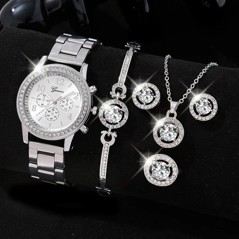 5-in-1 Jewelry Set – Watch with Earrings, Necklace, Ring and Elegant Bracelet