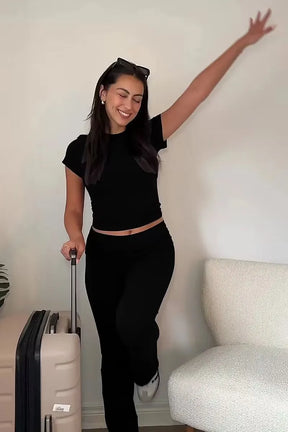 Women's Autumn Casual Set – Retro Style T-shirt and Trousers, Elegance and Comfort