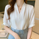 Blusa Casual Verão – Manga Curta Bufante, Decote em V