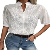 Camisa Branca Verão 2024 – Manga Curta Elegante, Croché Vintage, Blusa Vazado em Algodão