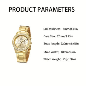 Women's 5-Piece Set – Silver Watch with Rhinestone Details and Metallic Bracelet