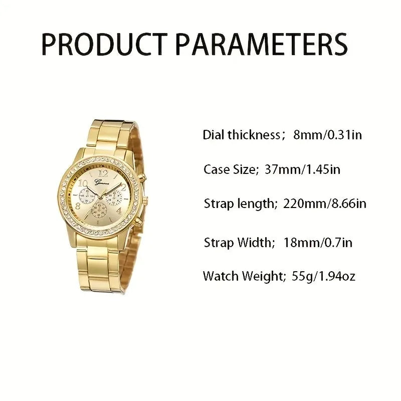 Women's 5-Piece Set – Silver Watch with Rhinestone Details and Metallic Bracelet