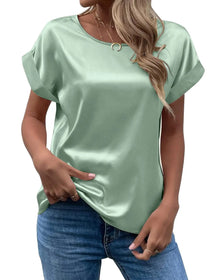 Camisa Feminina de Verão em Cetim – Elegante, Solta e com Gola Redonda | Manga Curta