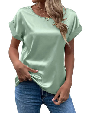 Camisa Feminina de Verão em Cetim – Elegante, Solta e com Gola Redonda | Manga Curta