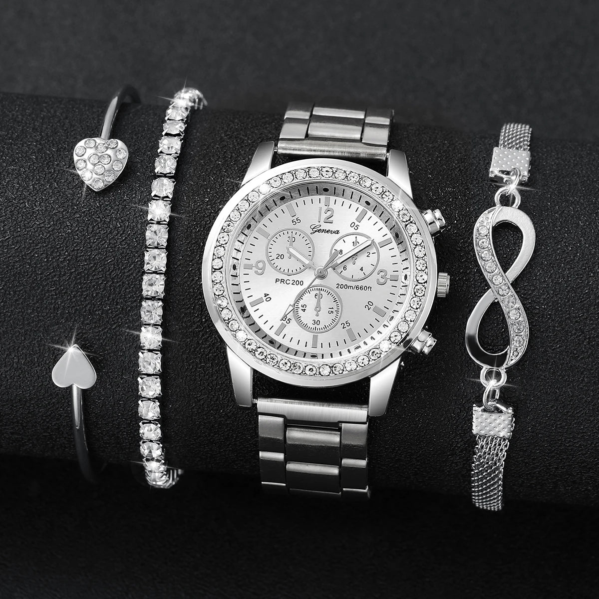 Women's Fashion Set – Silver Stainless Steel Watch with Silver Beaded Bracelet