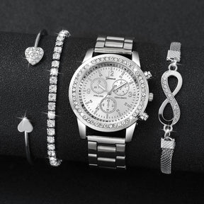 Women's Fashion Set – Silver Stainless Steel Watch with Silver Beaded Bracelet