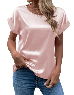 Camisa Feminina de Verão em Cetim – Elegante, Solta e com Gola Redonda | Manga Curta