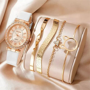 Luxury Women's Watch Set – Leather Strap, Analog Display and Elegant Bracelet