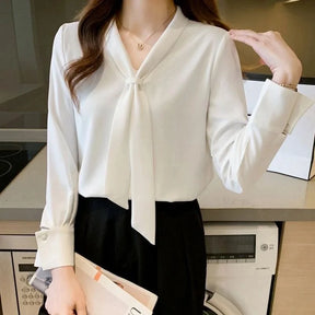 White T-shirt with Bow – Long Sleeve and Elegant Collar 