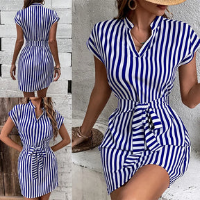 Casual A-Line Dress – Sleeveless, Shirt Collar, and Striped Print 
