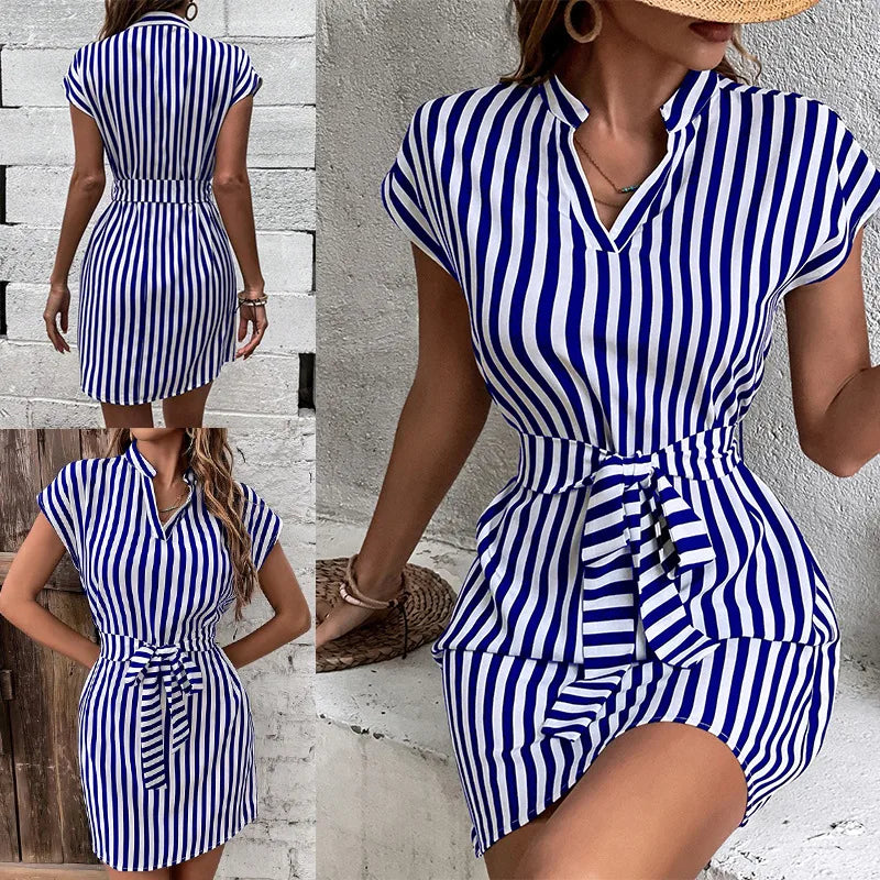Casual A-Line Dress – Sleeveless, Shirt Collar, and Striped Print 