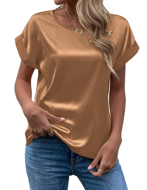 Camisa Feminina de Verão em Cetim – Elegante, Solta e com Gola Redonda | Manga Curta