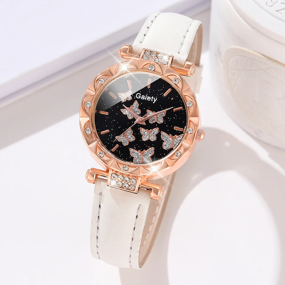 Women's 5-Piece Set – White Watch with Butterfly Dial and Leather Strap