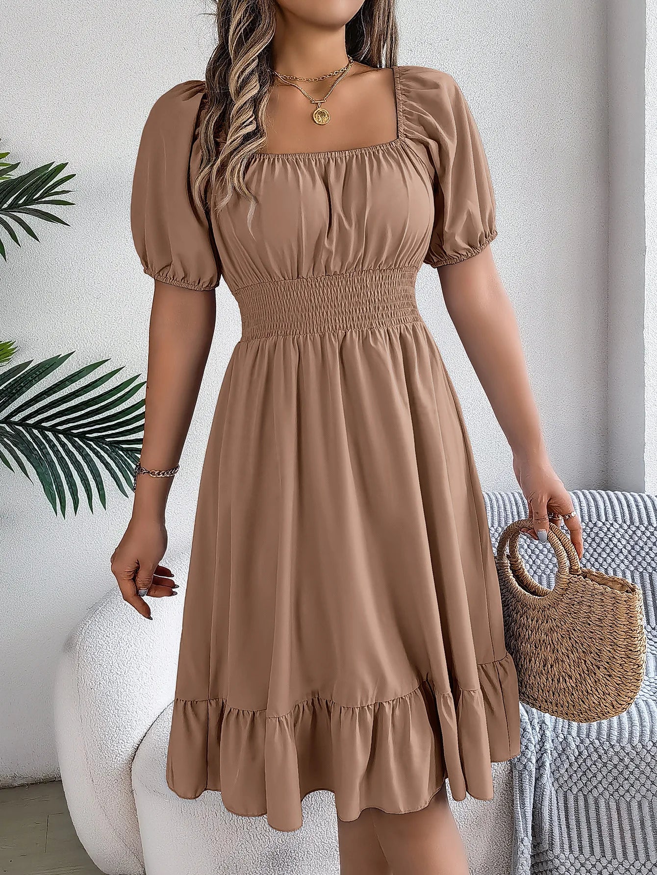 Midi Dress – Summer Casual with Square Neckline, Short Sleeves and Ruffled Waist