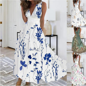 Vestido Feminino Elegante de Verão 2025 – Estampado, Cintura Alta, Sem Mangas e de Comprimento Médio