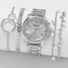 Women's 5-Piece Set – Silver Watch with Rhinestone Details and Metallic Bracelet