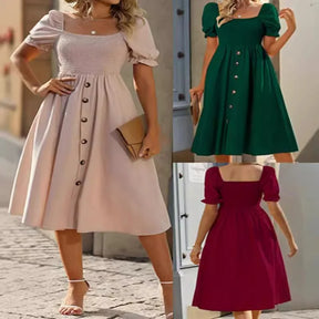 Green Midi Dress with Buttons – Casual Elegance | Model with Short Sleeves and Long Cut