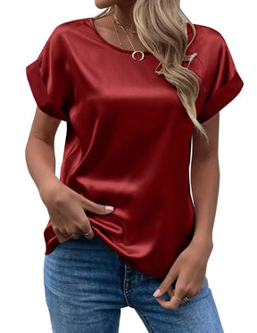 Camisa Feminina de Verão em Cetim – Elegante, Solta e com Gola Redonda | Manga Curta