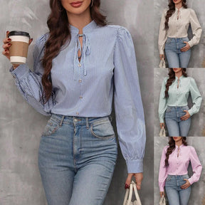 Women's Autumn Blouse – Striped Shirt with Buttons and Long Sleeves