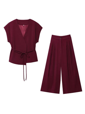 Women's Sleeveless Top and Pants Set – V-Neck, Elegant Belt, and Straight Cut 