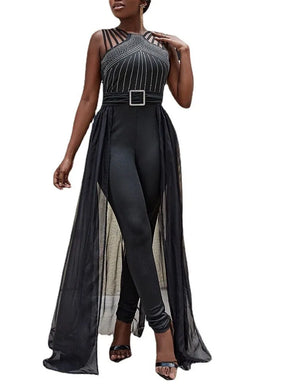 Women's Long and Elegant Sleeveless Jumpsuit – Bow-Tie, Shiny Applique Waist and Tulle Details