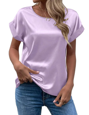Camisa Feminina de Verão em Cetim – Elegante, Solta e com Gola Redonda | Manga Curta