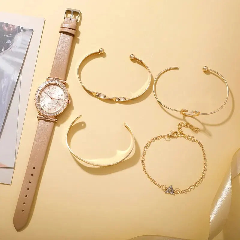 Luxury Women's Watch Set – Leather Strap, Analog Display and Elegant Bracelet