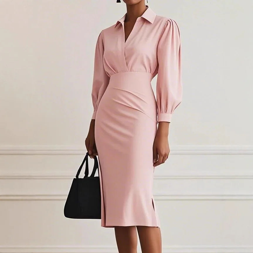 Women's Winter Midi Dress 2025 – Pleated Elegance with V-Neckline and Long Sleeves
