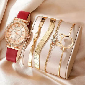 Luxury Women's Watch Set – Leather Strap, Analog Display and Elegant Bracelet
