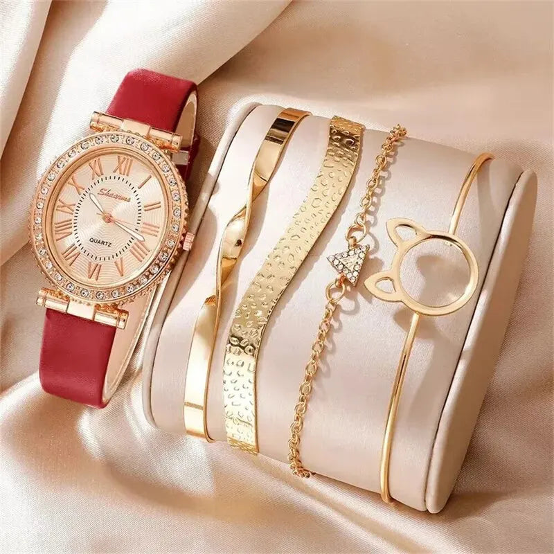 Luxury Women's Watch Set – Leather Strap, Analog Display and Elegant Bracelet