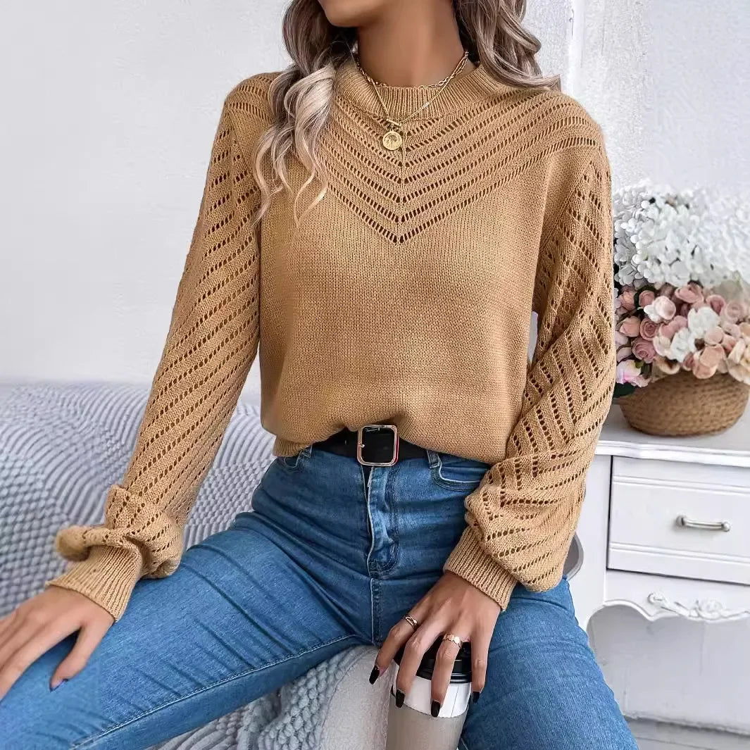 Autumn Blouse with Round Neck and Lantern Sleeves – Casual Knitwear