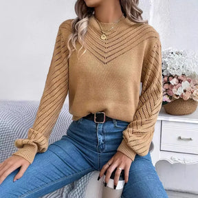 Autumn Blouse with Round Neck and Lantern Sleeves – Casual Knitwear