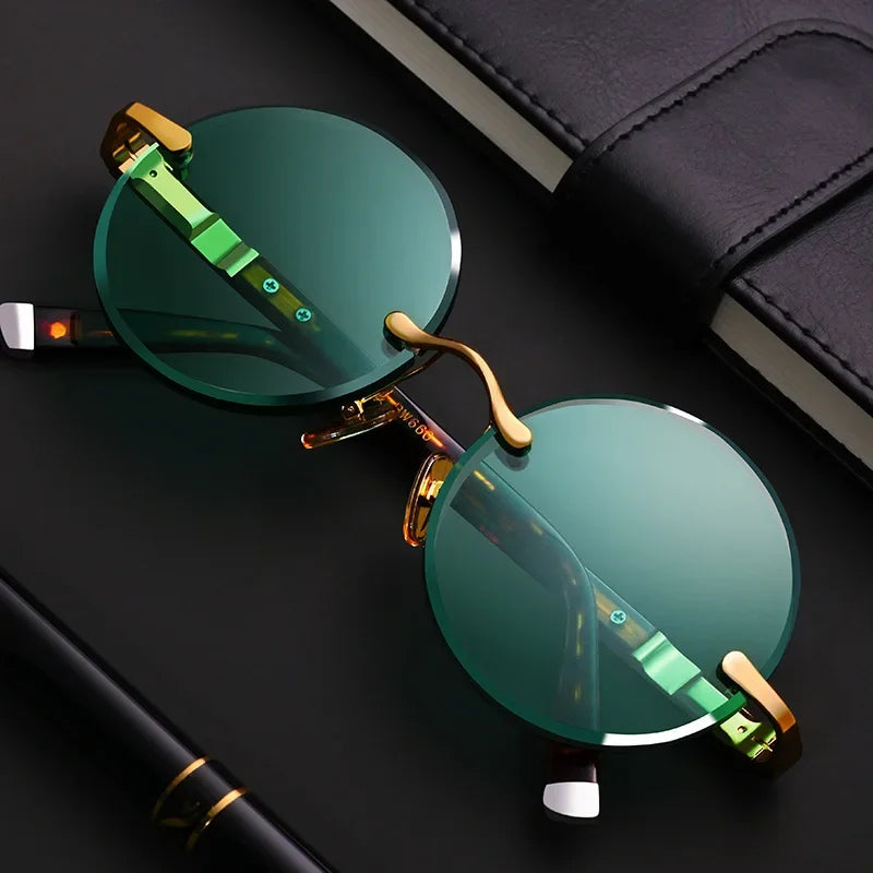 Rimless Sunglasses with Green Lenses – Unisex Retro Style