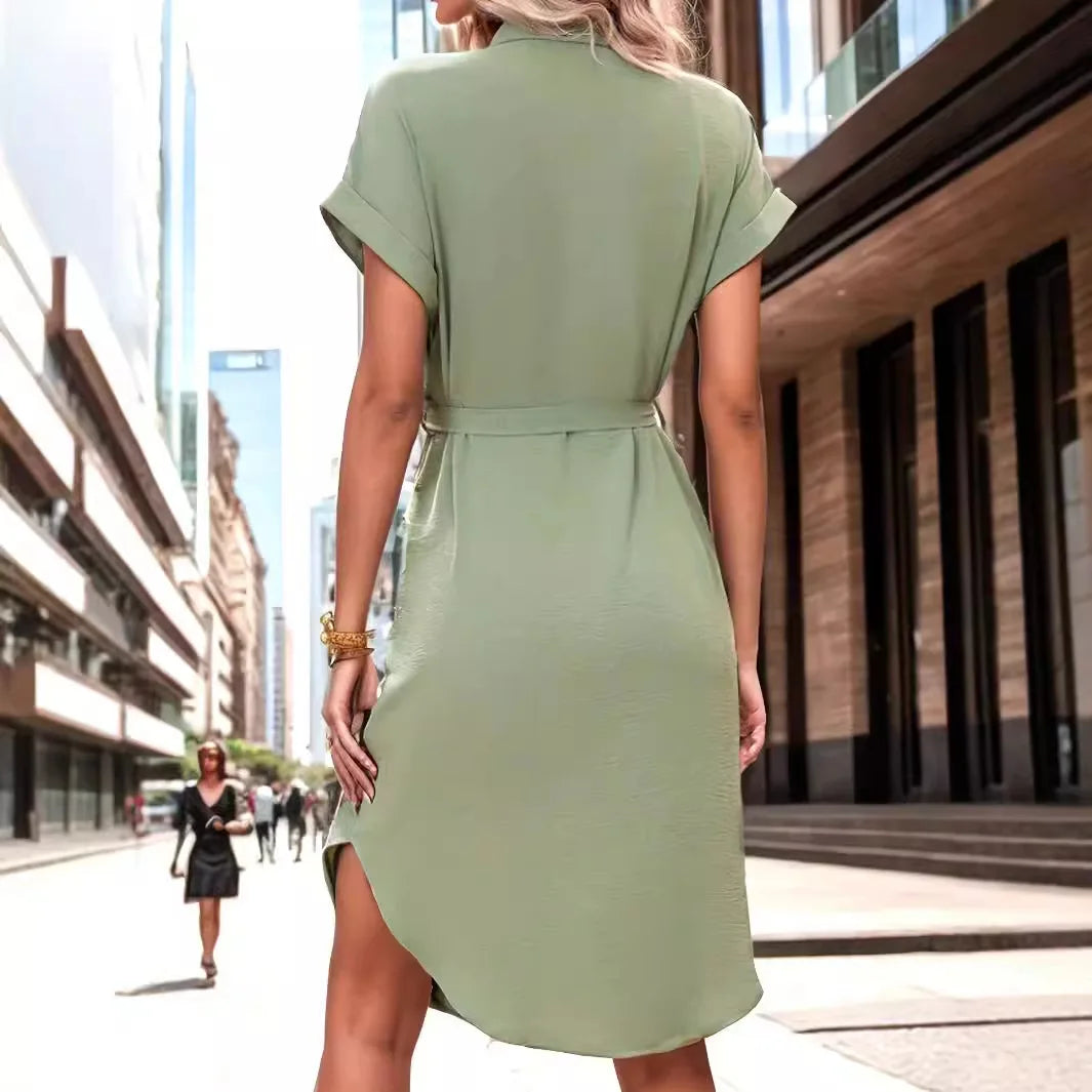 Green Midi Dress – Shirt Style with Bow Tie | Casual Elegance