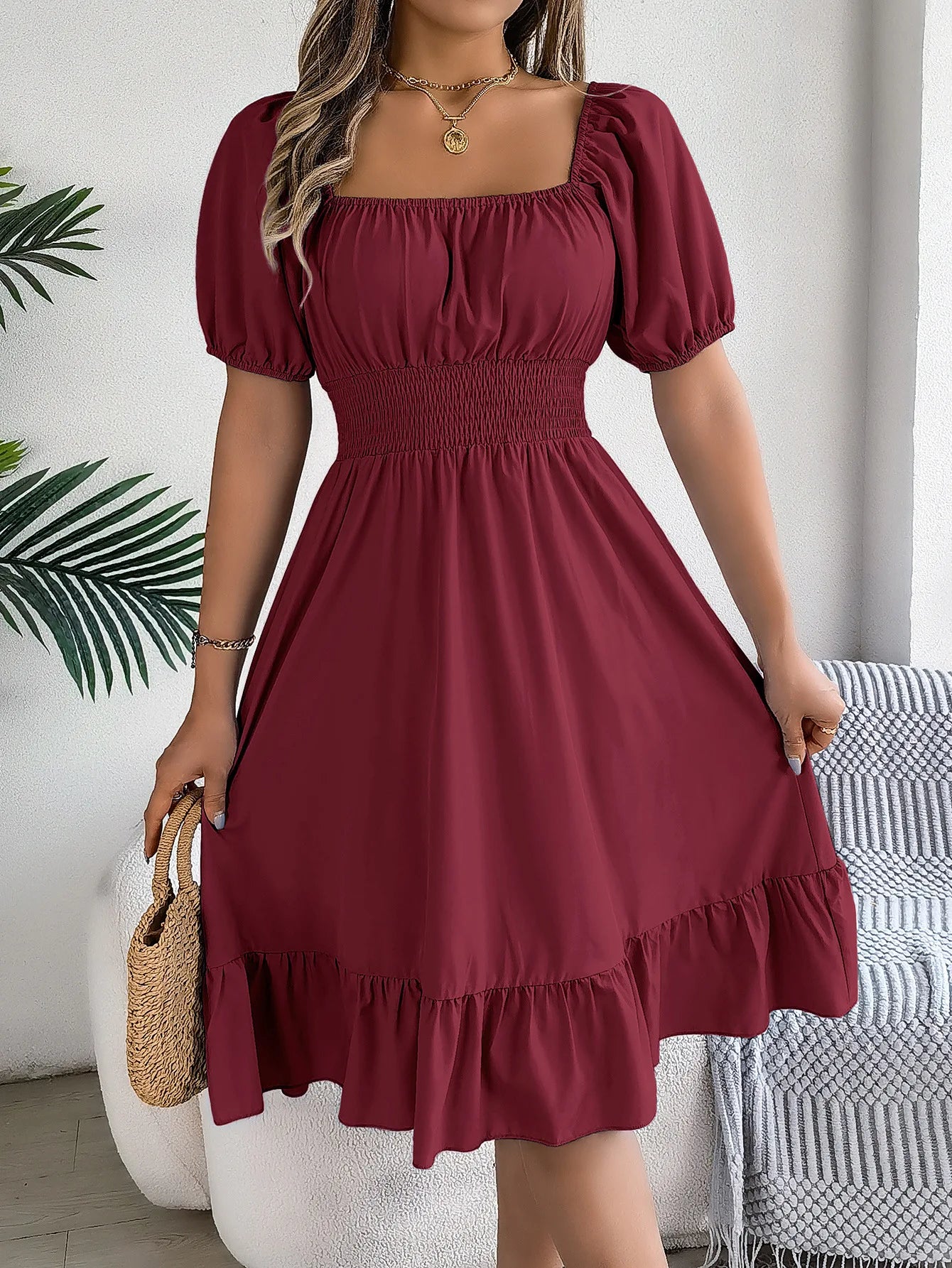 Midi Dress – Summer Casual with Square Neckline, Short Sleeves and Ruffled Waist