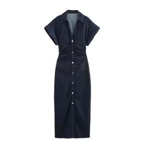 Women's Denim Midi Dress – Casual Elegance Spring/Summer 2025 with Short Ruched Sleeves 