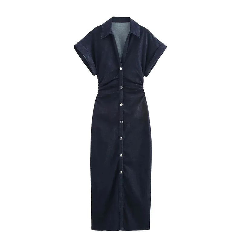 Women's Denim Midi Dress – Casual Elegance Spring/Summer 2025 with Short Ruched Sleeves 