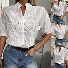 Camisa Branca Verão 2024 – Manga Curta Elegante, Croché Vintage, Blusa Vazado em Algodão