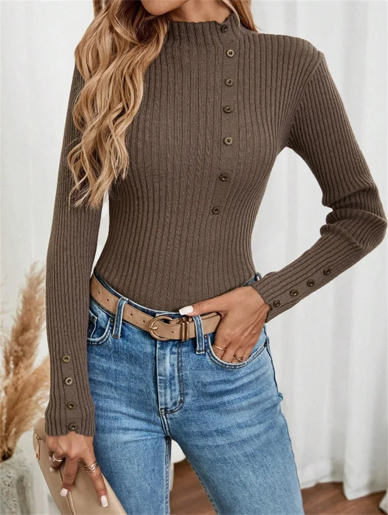 Blusa Elegante de Malha com Botões e Manga Comprida – Camada Confortável