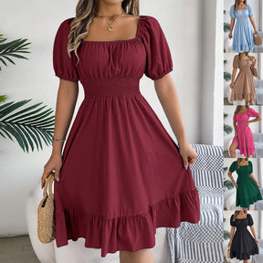 Midi Dress – Summer Casual with Square Neckline, Short Sleeves and Ruffled Waist