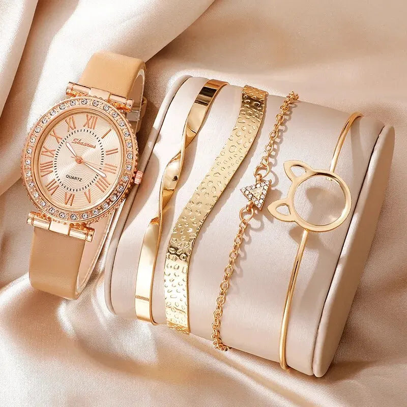 Luxury Women's Watch Set – Leather Strap, Analog Display and Elegant Bracelet