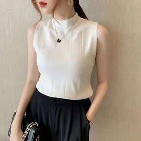 Top Casual Sem Mangas – Estilo Coreano, Malha Elástica, Primavera e Verão